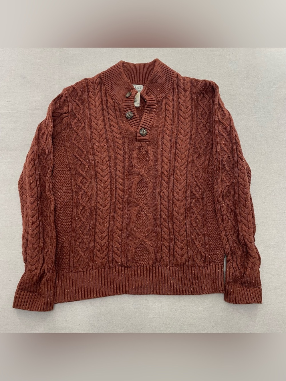 LL Bean Heritage Soft Cotton Fisherman Knit Button Sweater Men's M Brown Tweed